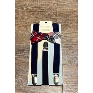 Clip-On BowTie Suspenders Set Plaid Corduroy -Blue-Boys Holiday Christmas